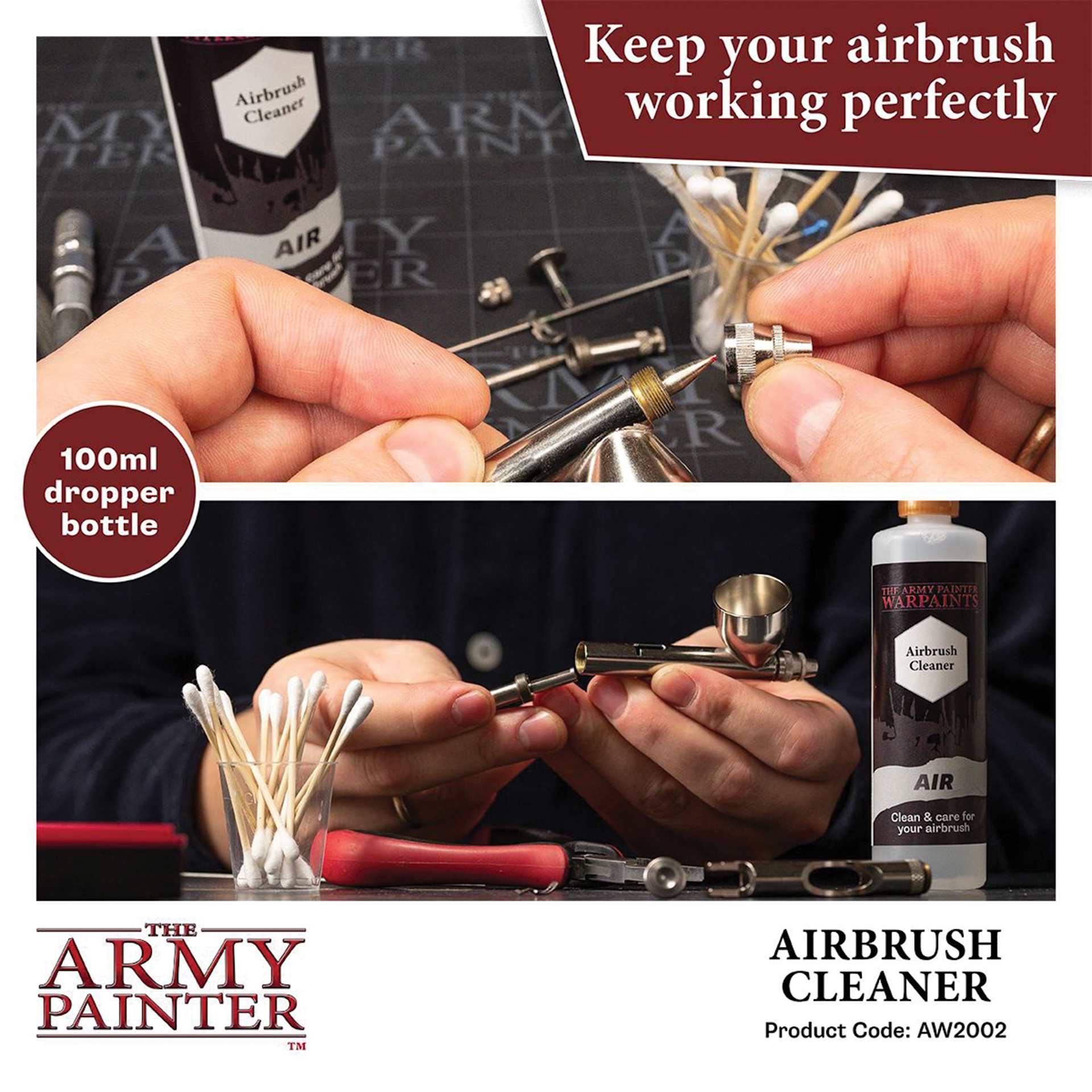 The Army Painter Warpaints Airbrush Cleaner. Keep your airbrush working perfectly. 100 ml dropper bottle.  Product Code AW2002