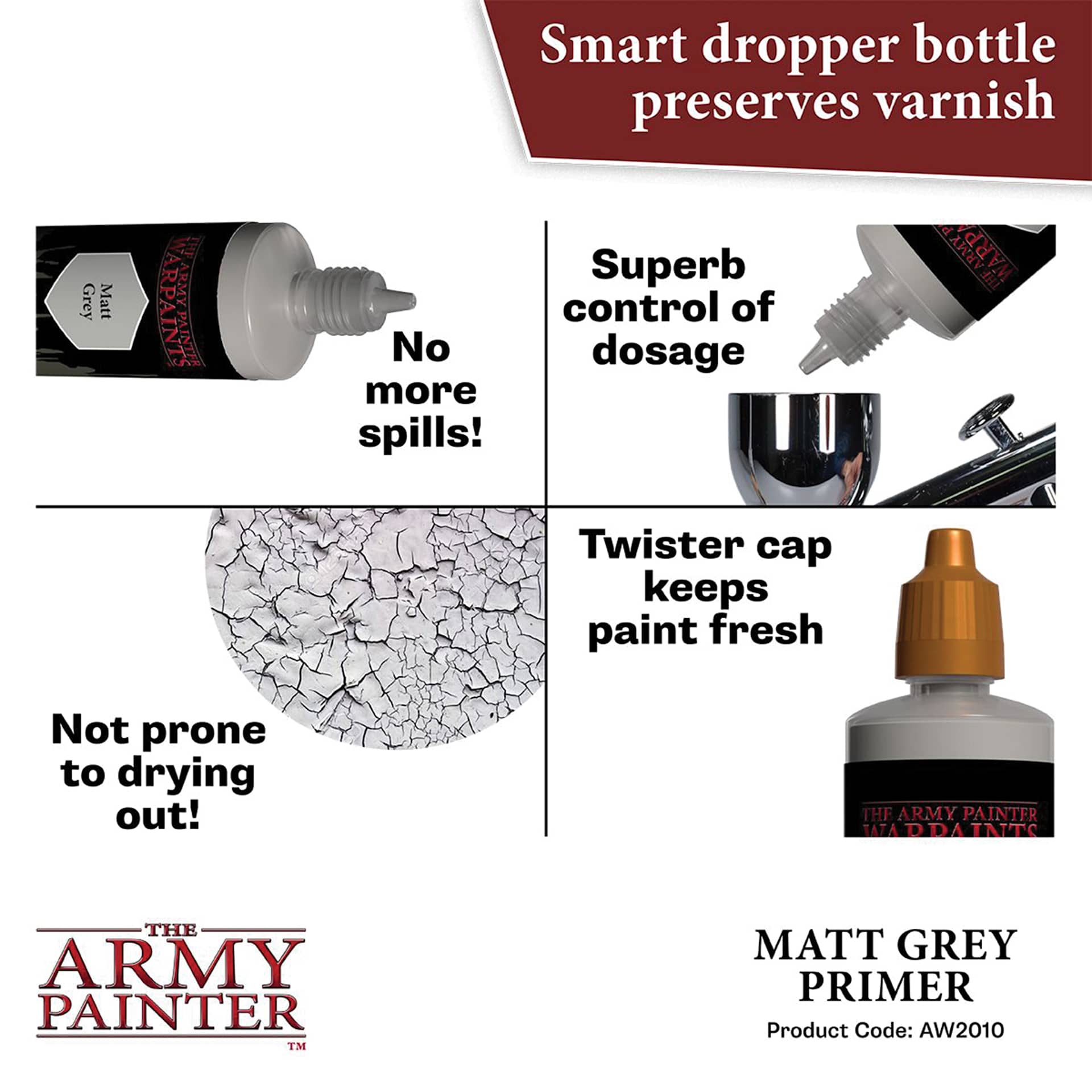 Smart dropper bottle preserves varnish. No more spills. Superb control of dosage. Not prone to drying out. Twister cap keeps paint fresh. Matte Grey Primer
