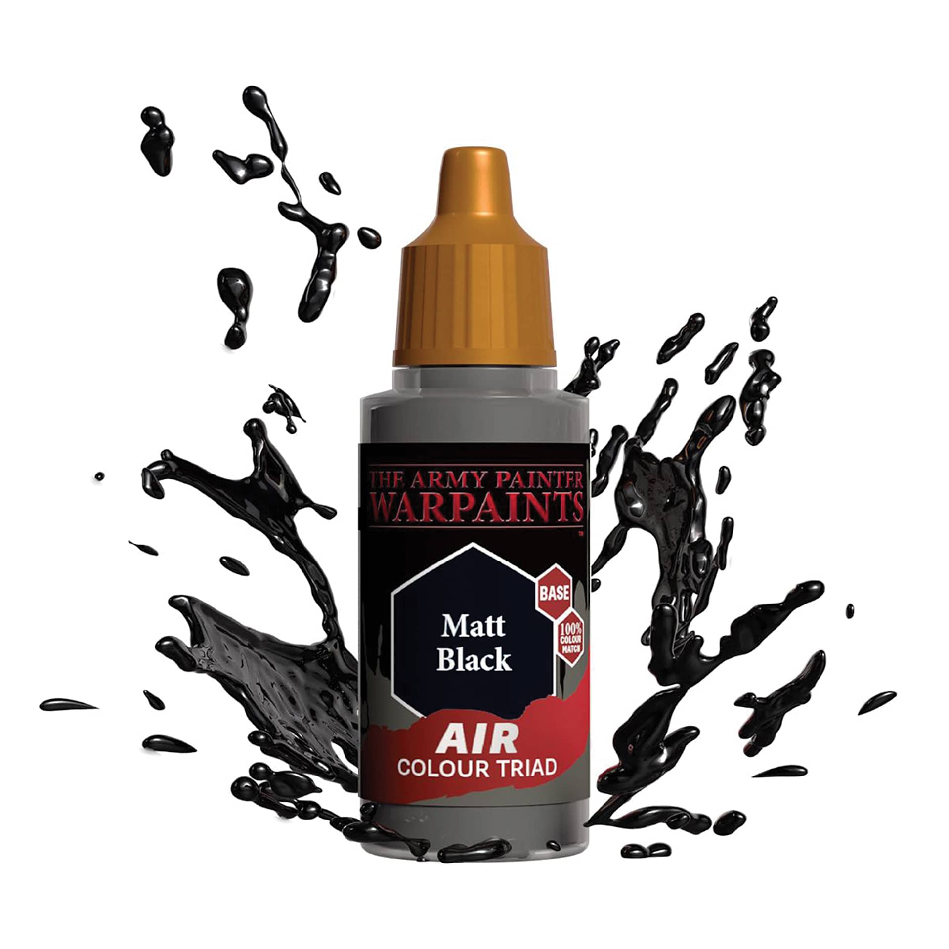 The Army Painter Warpaints Air Acrylic Airbrush Paint - Matte Black, 18 ml bottle in a splash of paint