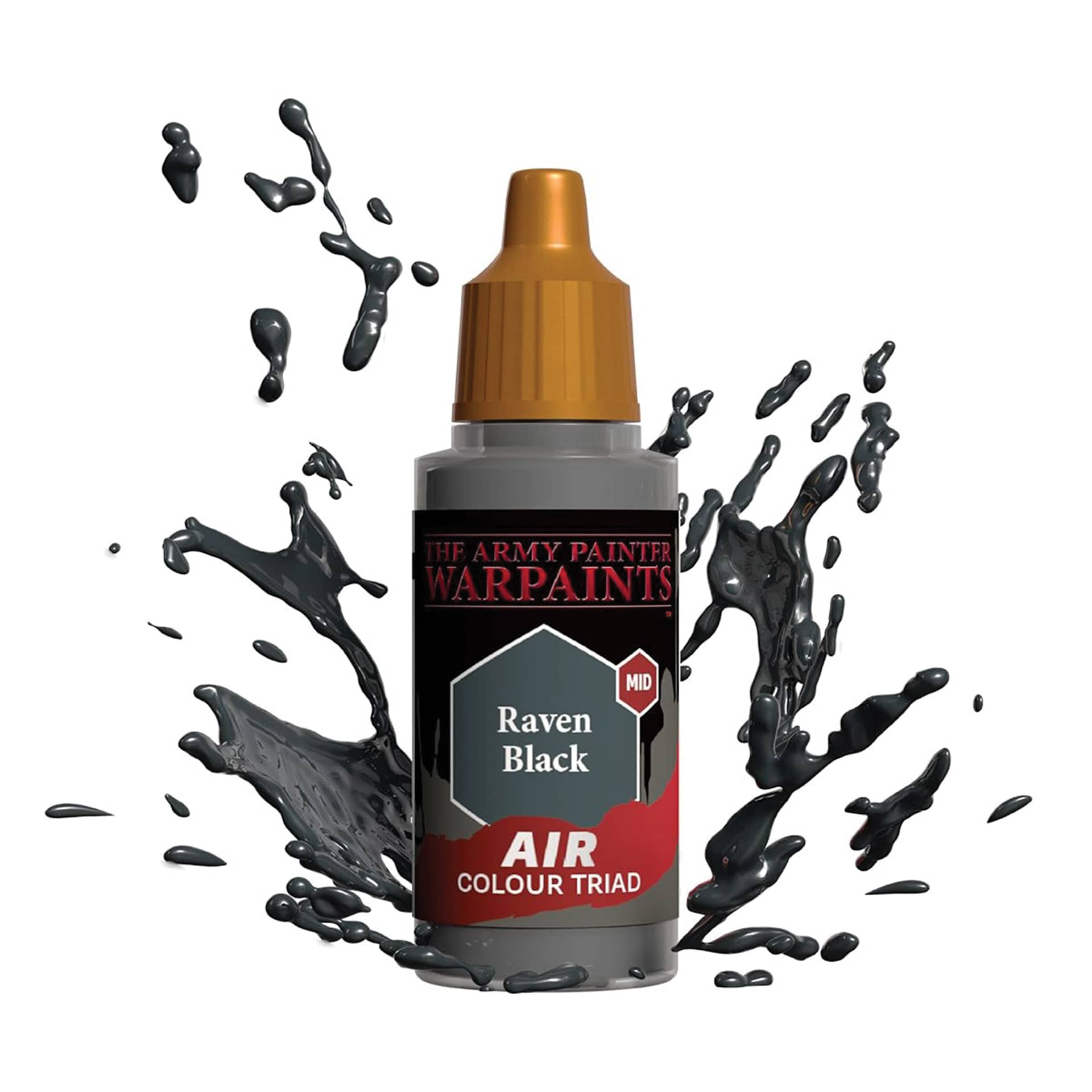 The Army Painter Warpaints Air Acrylic Airbrush Paint - Raven Black, 18 ml bottle in a splash of paint