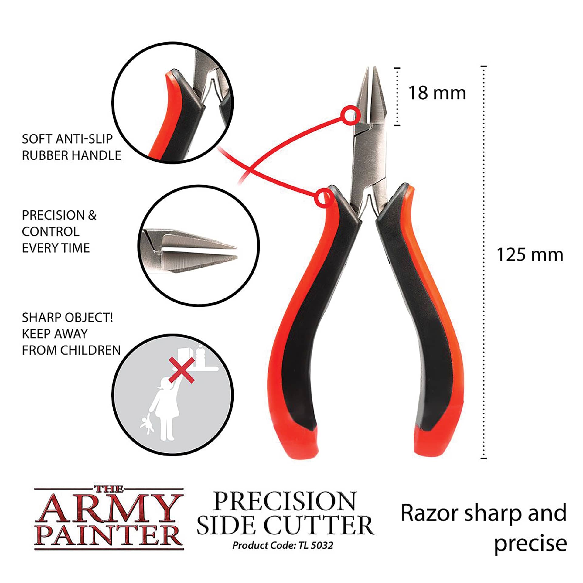 18 mm cutting blade length. 125 mm total length. Soft anti-slip rubber handle. Precision & control every time. Sharp object! Keep away from children. Razor sharp and precise.