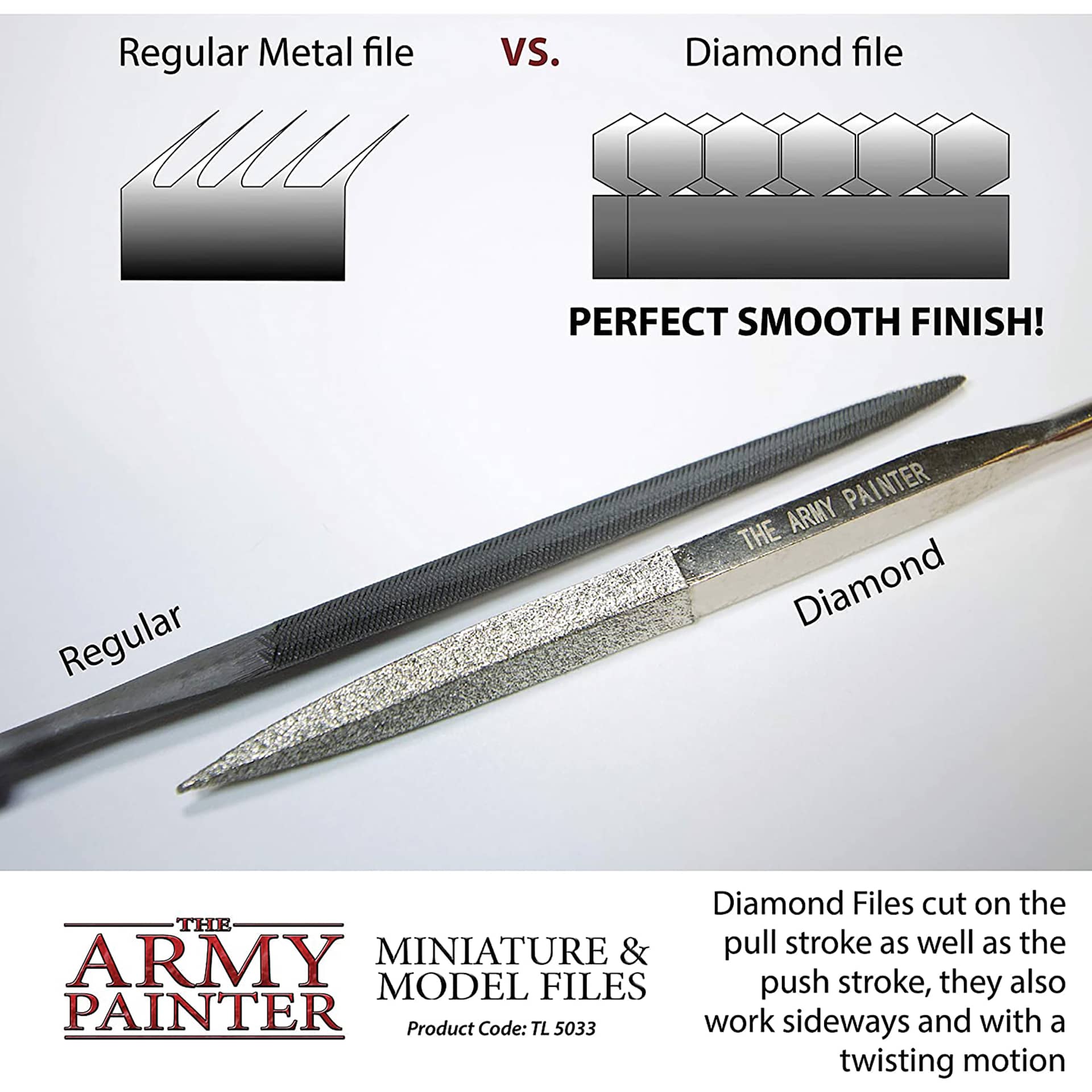 Diamond Files cut on the pull stroke as well as the push stroke, they also work sideways and with a twisting motion.