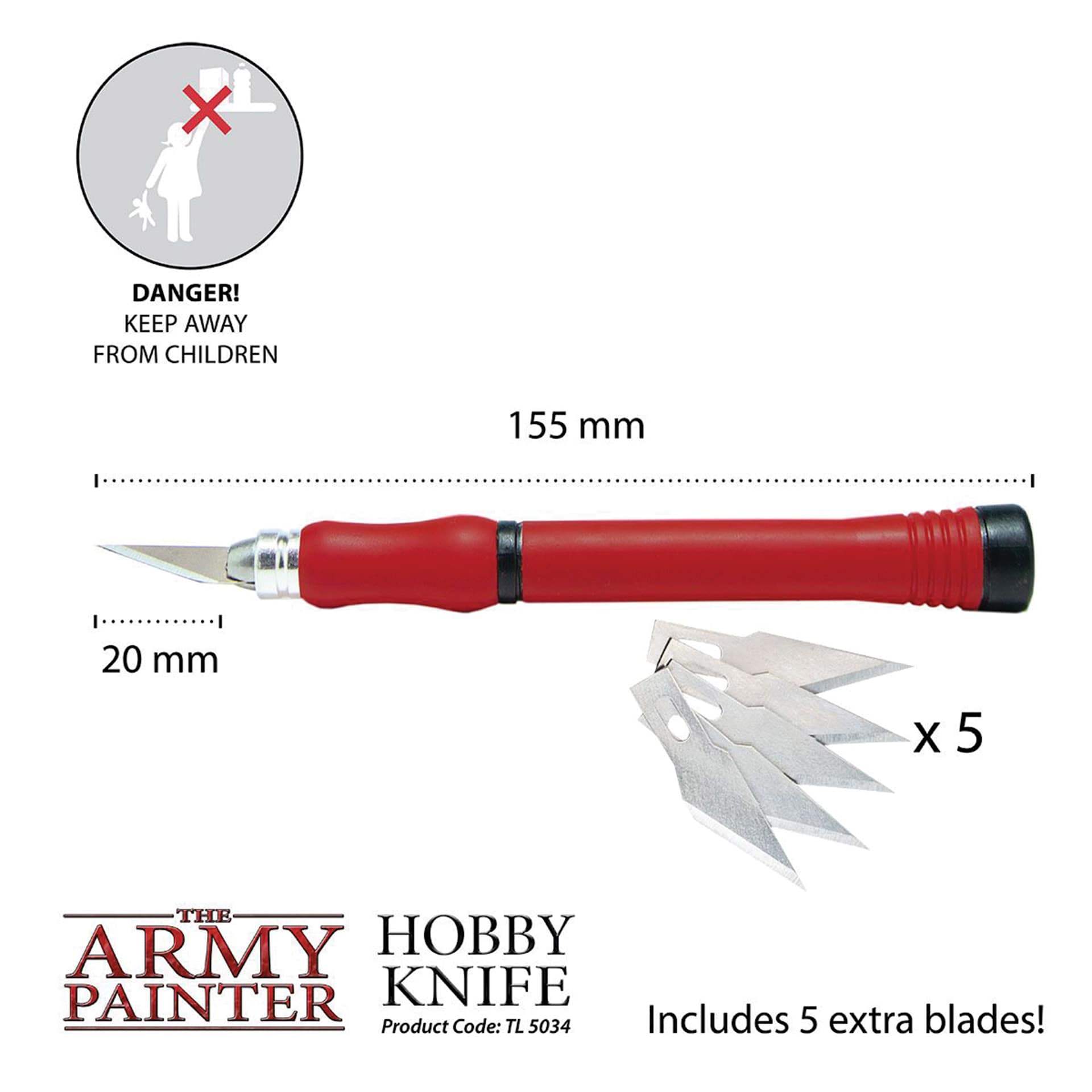 The Army Painter Precision Hobby Knife. Danger! Keep away from children. 155 mm Long. 20 mm long blade. Includes 5 extra blades. Product code tl5034