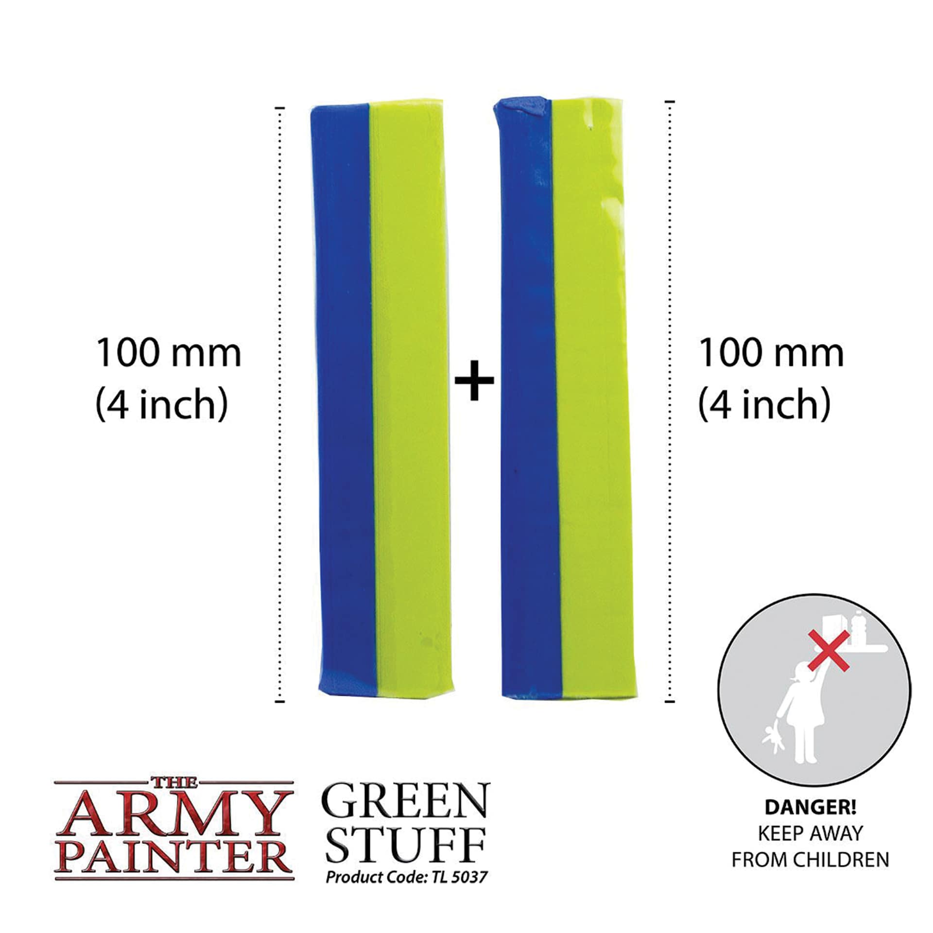 The Army Painter Kneadatite Green Stuff Epoxy Modeling Putty 100mm (4 inch) plus 100 mm (4 inch). Danger! Keep away from children. Product code TL5037