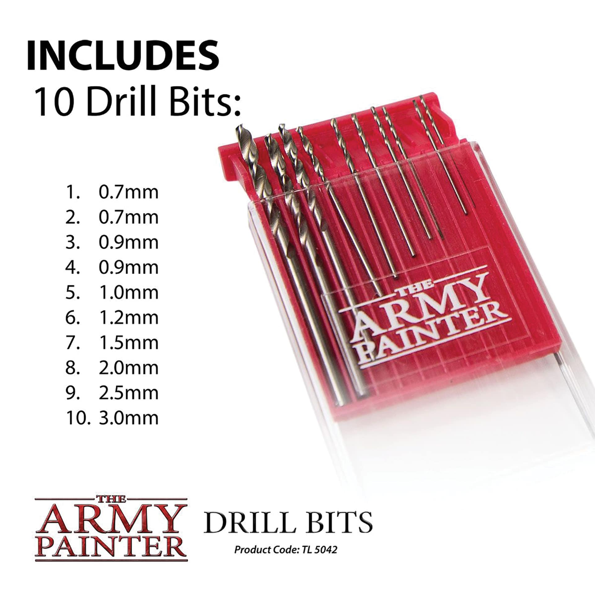 Includes 10 Drill Bits: 1. 0.7mm. 2. 0.7mm. 3. 0.9mm. 4. 0.9mm. 5. 1.0mm. 6. 1.2mm. 7. 1.5mm. 8. 2.0mm. 9. 2.5mm. 10. 3.0mm.