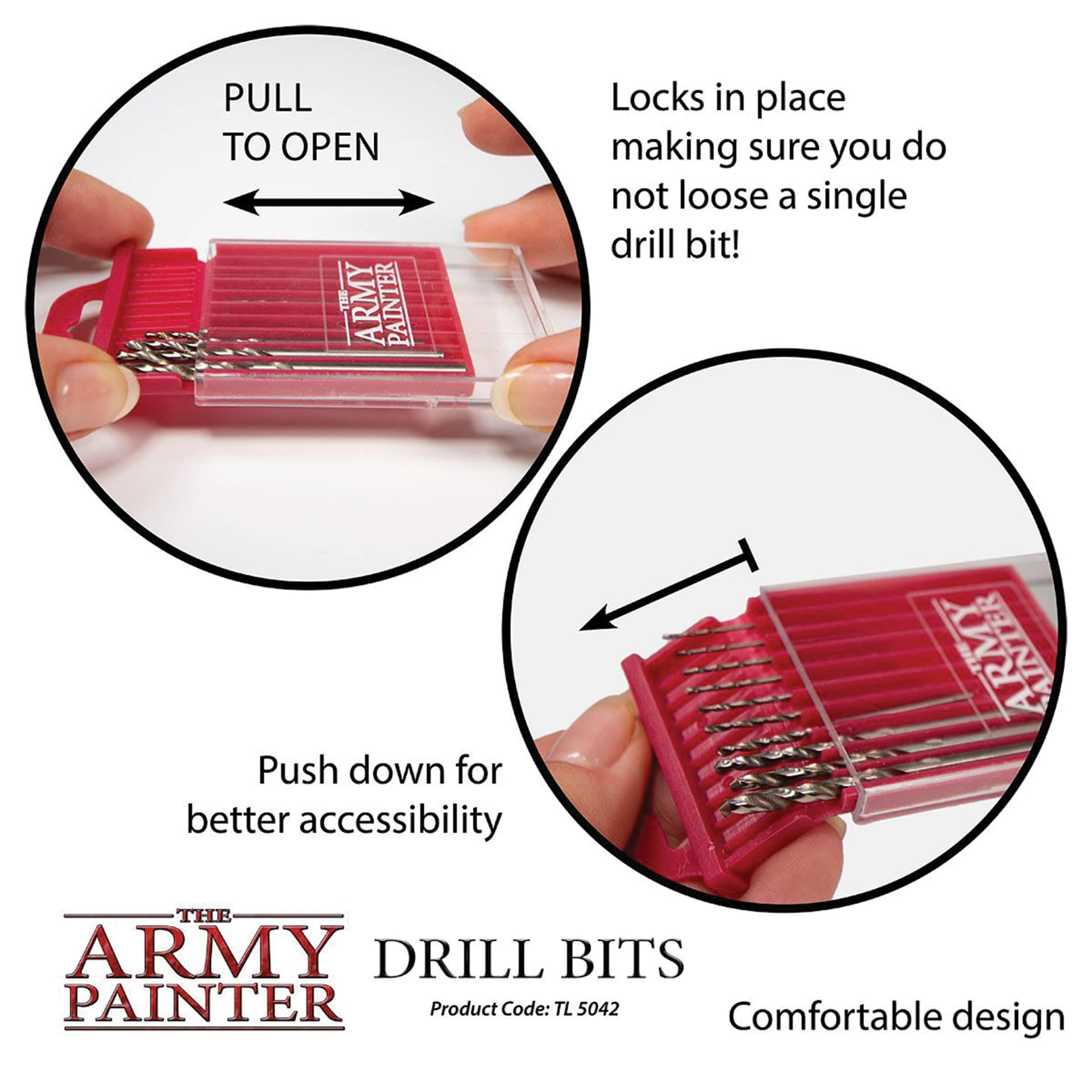 Pull to open. Locks in place making sure you do not lose a single drill bit. Push down for better accessibility. Comfortable design.