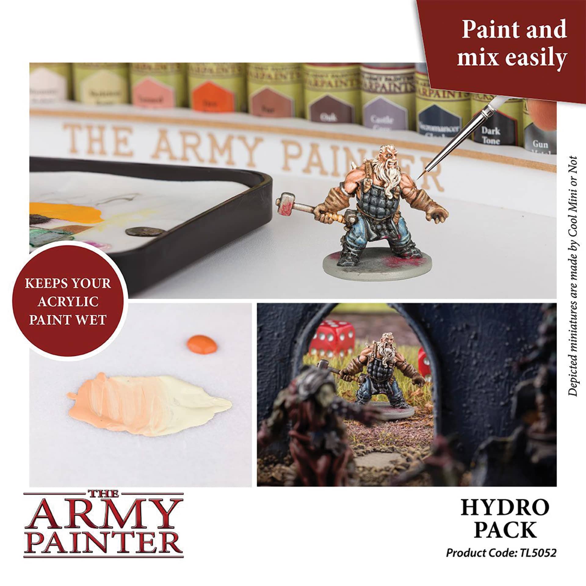 The Army Painter Wet Palette Hydro Pack. Paint and mix easily. Keep your acrylic paint wet.  Depicted miniatures are made by Cool Mini or Not. Product code: tl5052
