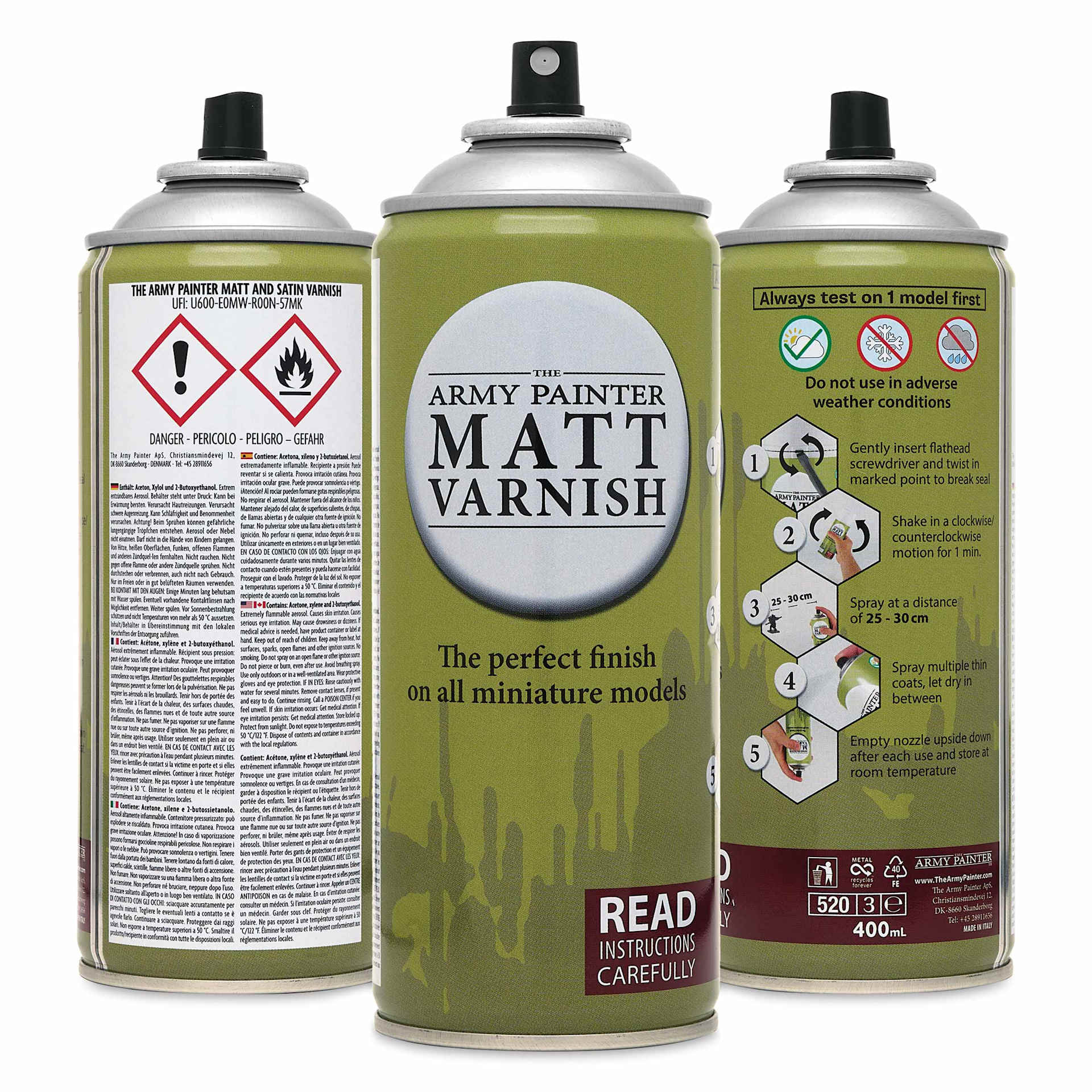 The Army Painter Colour Primer Spray Varnish - Matte Varnish, 400 ml, three views of the can