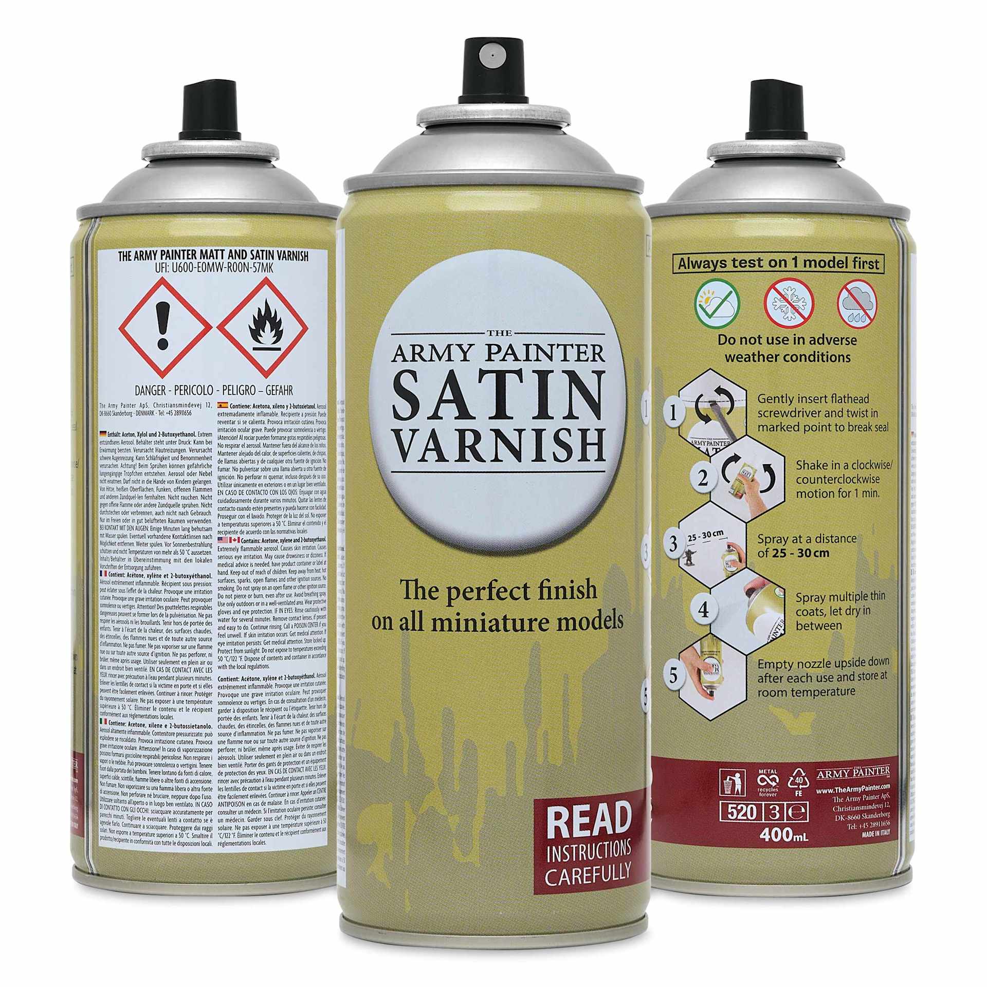 The Army Painter Colour Primer Spray Varnish - Satin Varnish, three sides of the can.