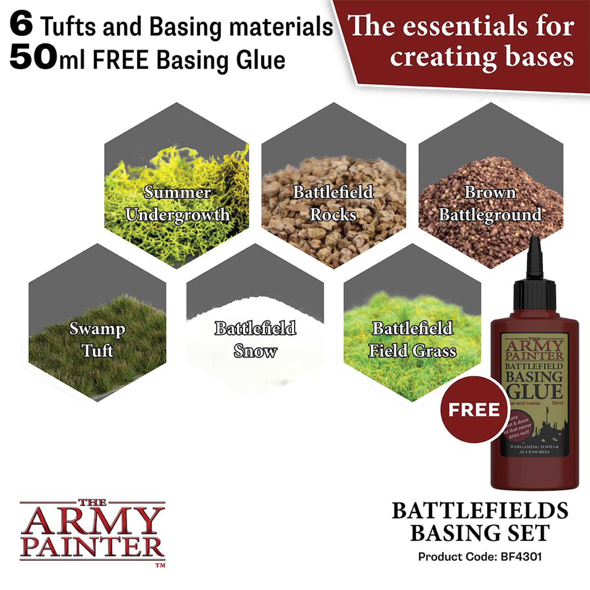 6 Tufts and basing materials; 50 ml Free basing glue. The essentials for creating bases. Summer Undergrowth; Battlefield Rocks; Brown Battleground; Swamp Tuft; Battlefield Snow; Battlefield Field Grass. Free Army painter battlefield basing glue.