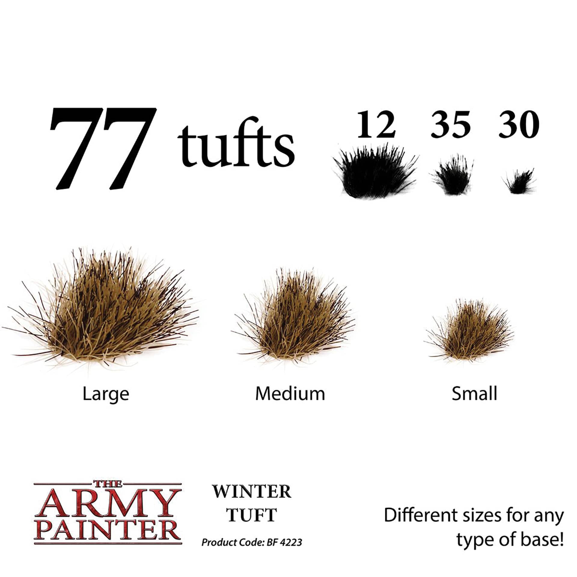 Different sizes for any type of base. 77 tufts includes 12 large, 35 medium, and 30 small.
