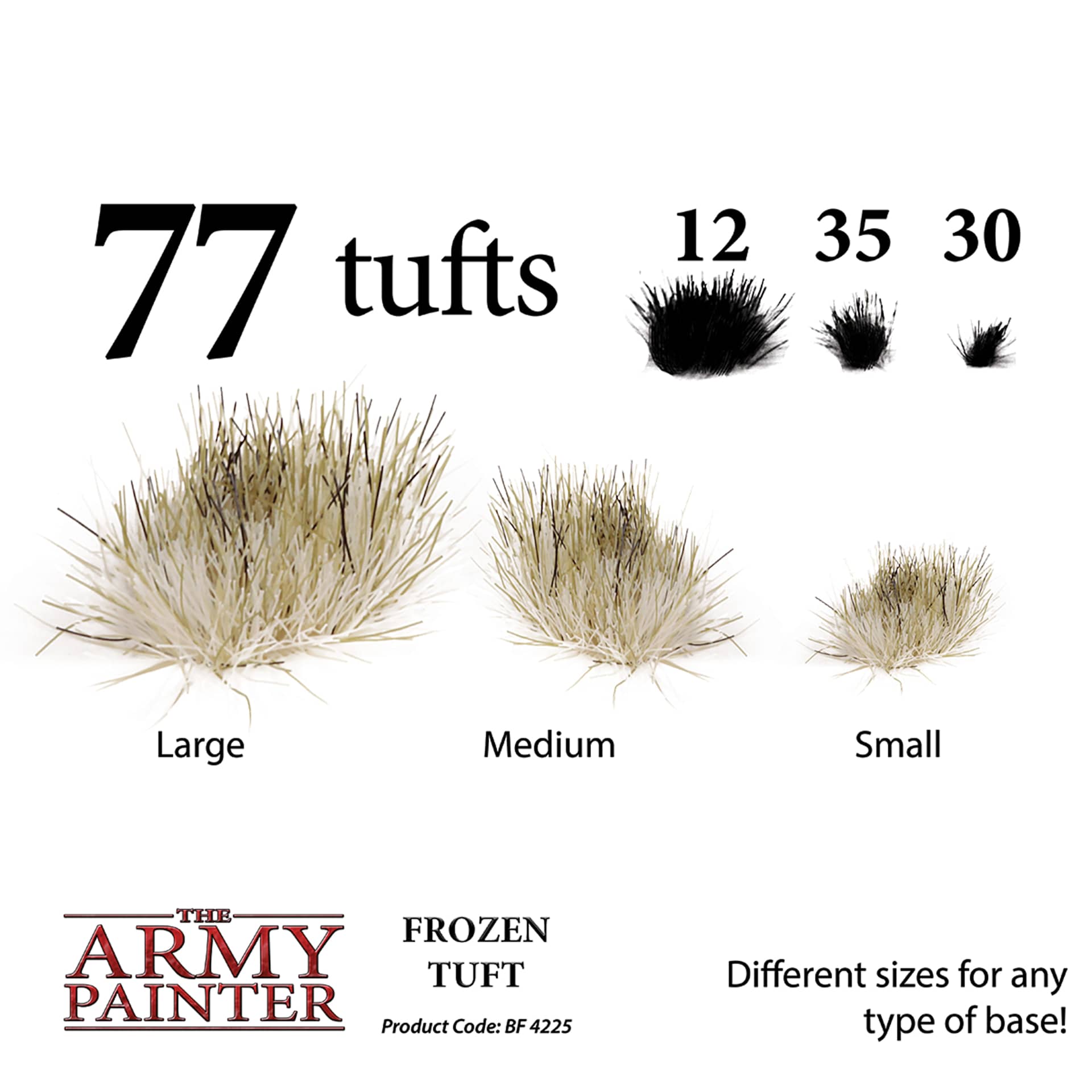 The Army Painter Battlefields Scenery Grass Tufts - Frozen Tuft different sizes for any type of base. 77 total tufts, 12 large, 35 medium, 30 small. 
