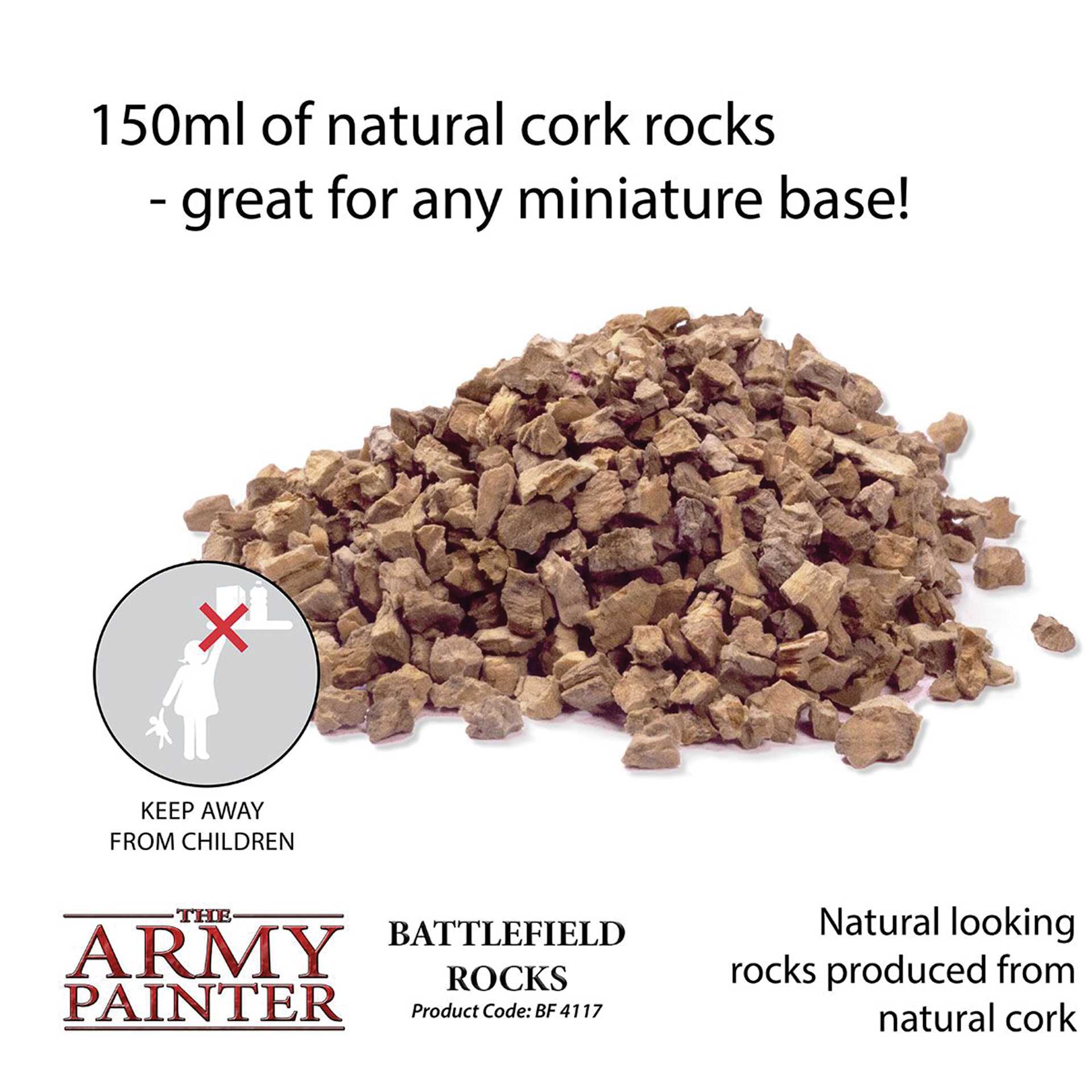 150 ml of natural cork rocks - great for any miniature base. Natural looking rocks produced from natural cork. Battlefield Rocks BF 4117