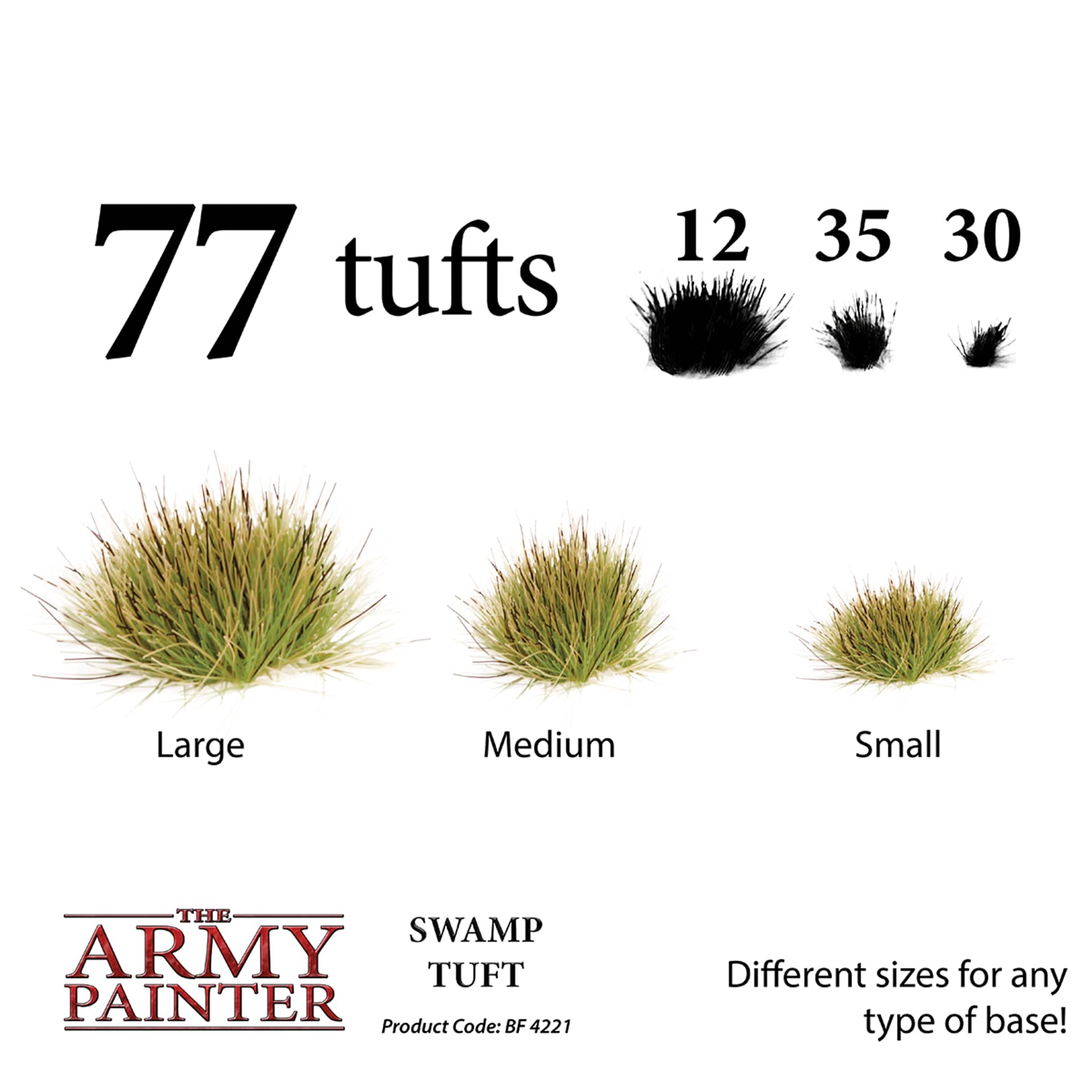 Different sizes for any type of base. 77 tufts includes 12 large, 35 medium, and 30 small.