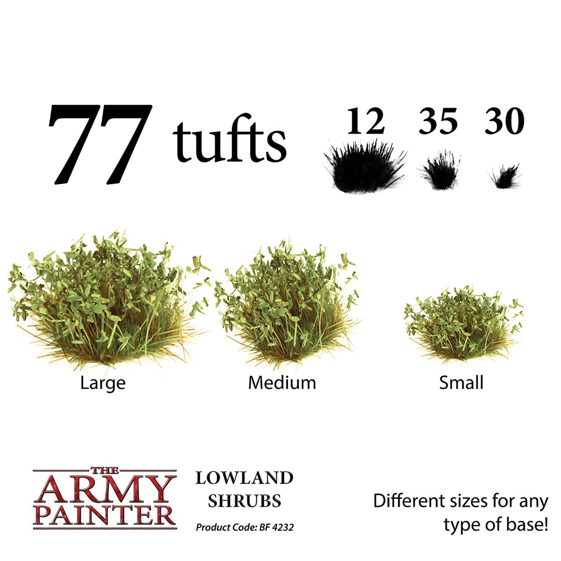 The Army Painter Battlefields Scenery Grass Tufts - Lowland Shrub Tuft different sizes for any type of base. 77 tufts including 12 large, 35 medium, and 30 small.