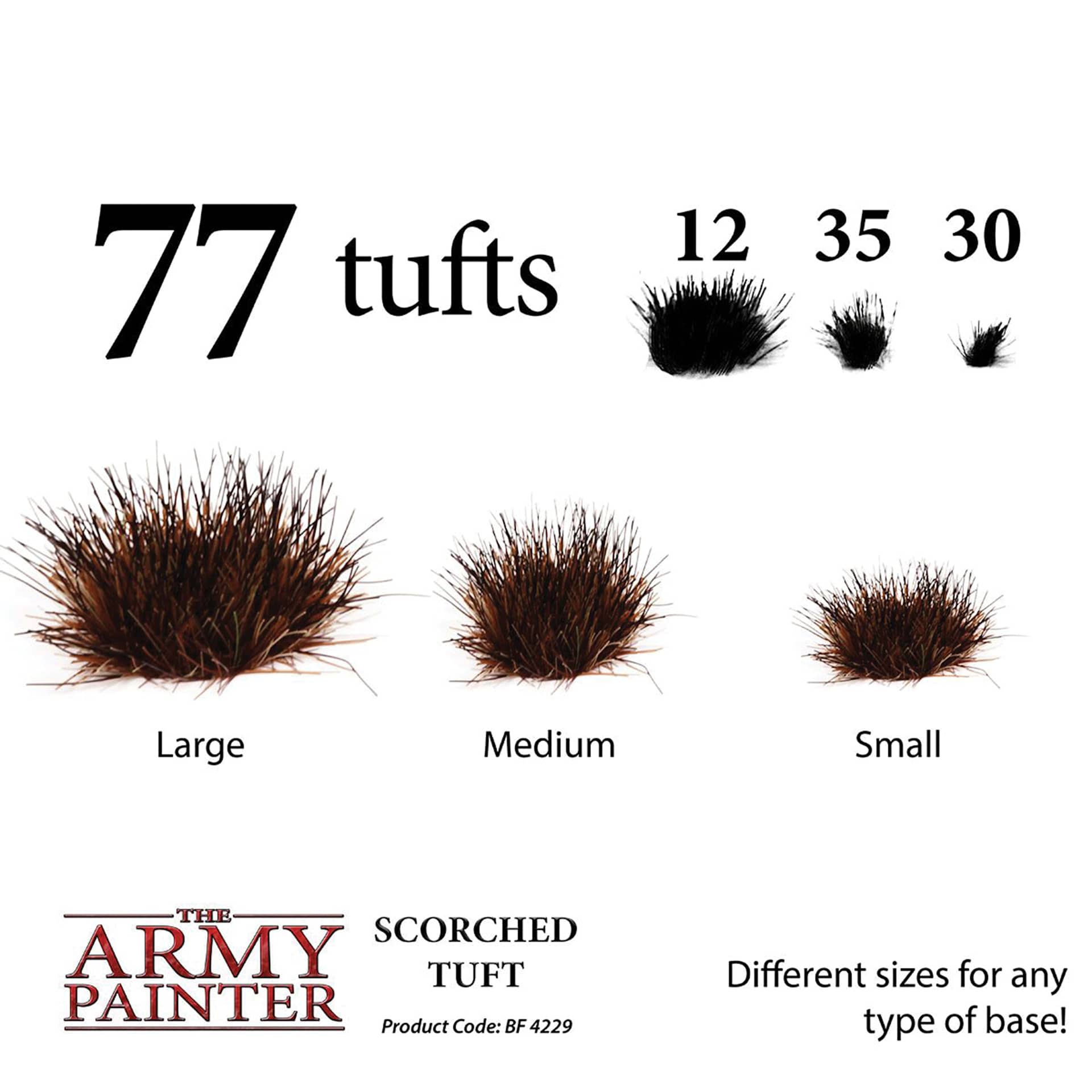 Different sizes for any types of base. 77 tufts includes 12 large, 35 medium, and 30 small.