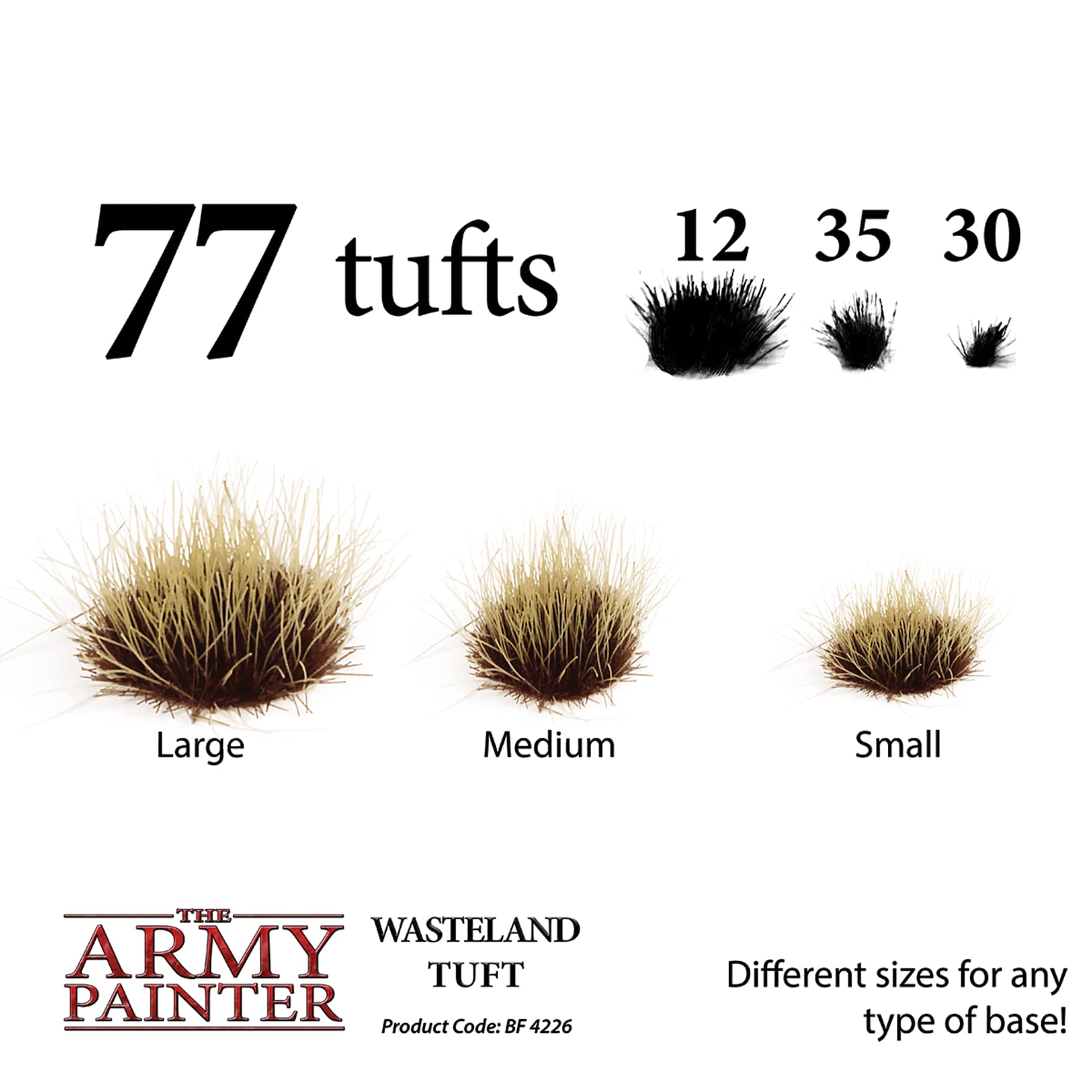 Different sizes for any type of base. 77 tufts includes 12 large, 35 medium, and 30 small.