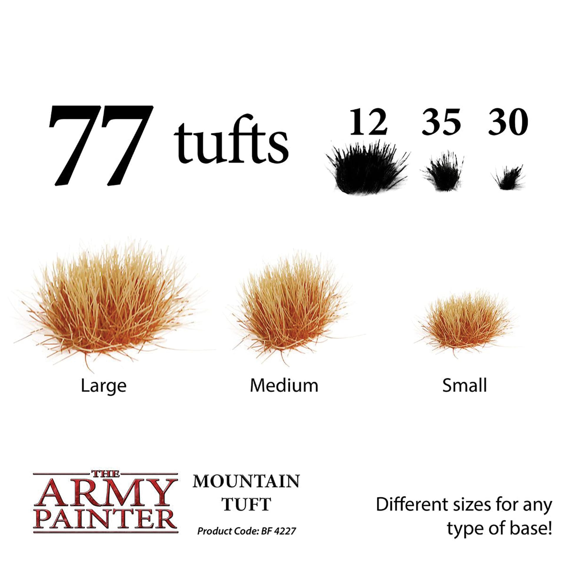 Different sizes for any type of base. 77 tufts includes 12 large, 35 medium, and 30 small.