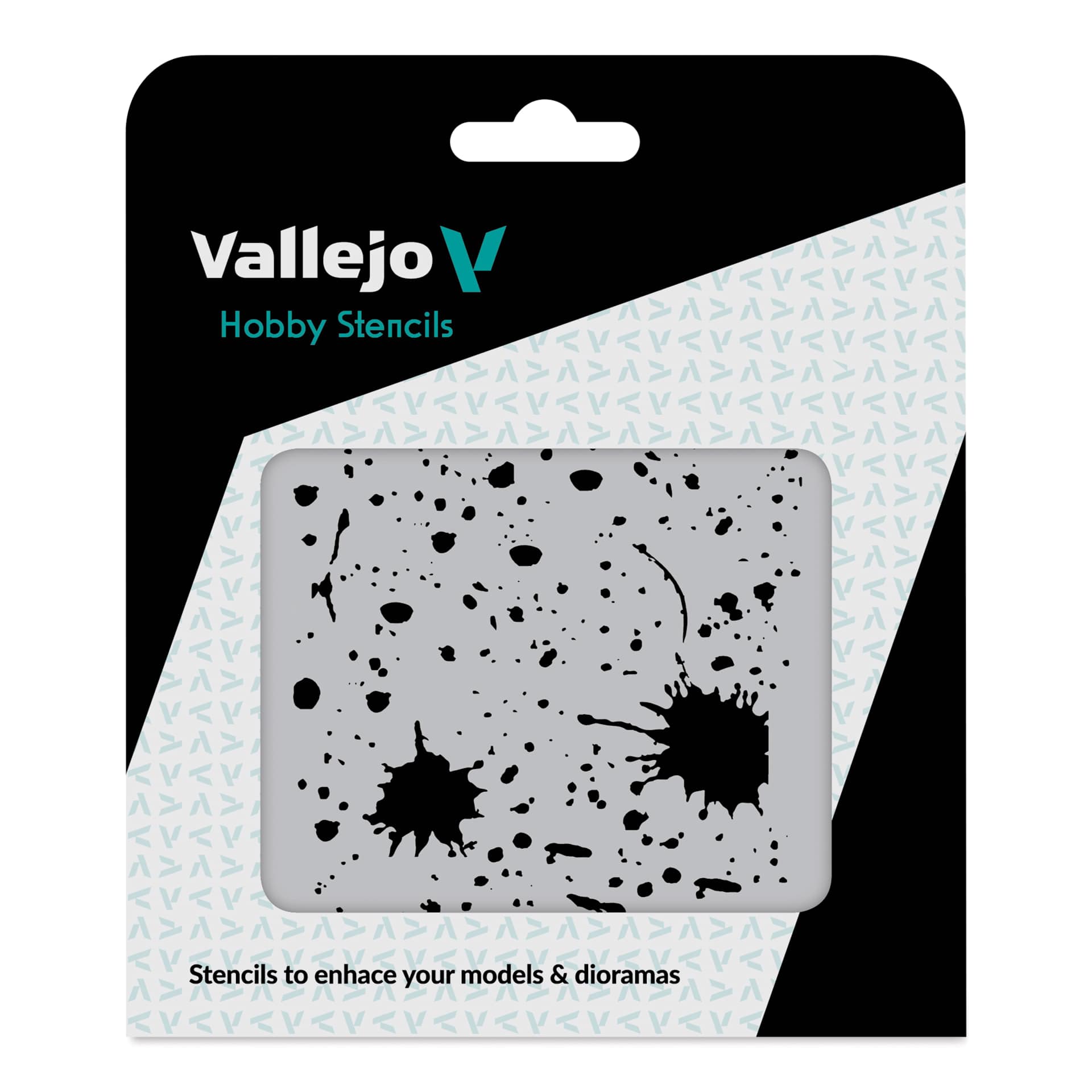 Vallejo Spills and Stains Hobby Stencil - Splashes and Stains front of packaging