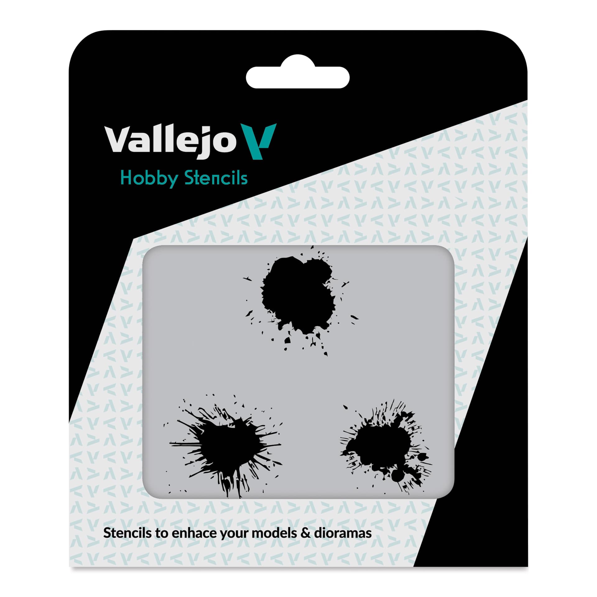 Vallejo Spills and Stains Hobby Stencil - Paint Stains front of packaging