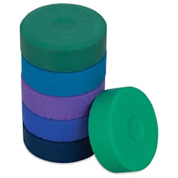 Blick Essentials Tempera Cakes - Set of 6, Large, Cool Colors, stack of cakes with one on the side
