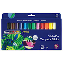 Creativity Street Glide-On Tempera Stick Sets - Front of package of 12 Primary colors