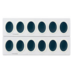 Prang Oval Watercolor Half-Pan Refills arrive packaged in two rows, ready to be separated.