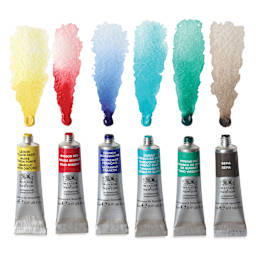 Winsor & Newton Professional Watercolor Set of 6, Urban Sketching Colors, 5 ml tubes with swatches of color.