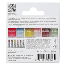 Back of packaging for the Back of packaging for the Winsor & Newton Professional Watercolor Set of 6, Mindful Colors