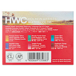 Holbein Artists' Watercolors- Set of 6, Granulating, Landscape, 5 ml back of package