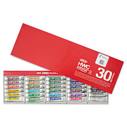 Front of Holbein Artists' Watercolors - Set of 30, Assorted Colors, 5 ml Tubes with lid partially off.