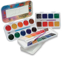 Yarka Semi Moist Watercolor Pan Sets. Various sets open.
