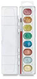 Prang Washable Watercolors - Oval Pans, Metallic Set of 8, showing pans in tray and brush
