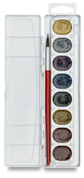 Prang Washable Watercolors - Oval Pans, Glitter, Set of 8, showing pans in tray and brush
