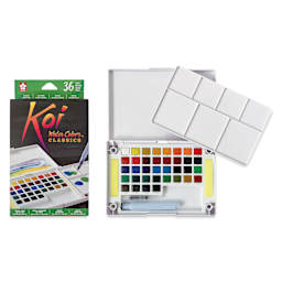 Sakura Koi Watercolor Half Pan - Set of 36 Sketch Box, Assorted Colors box front beside open set