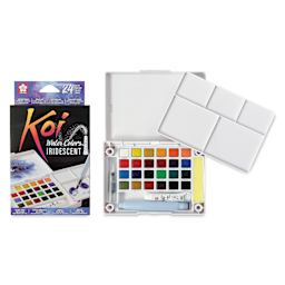 Sakura Koi Watercolor Half Pan - Set of 24 Sketch Box, Assorted Colors with Iridescent Medium box front beside open set