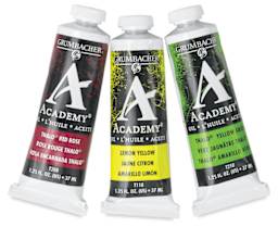 Grumbacher Academy Oil Colors - Red, Yellow and Green 37 ml tubes shown upright

