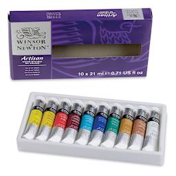 Winsor & Newton Artisan Water Mixable Oil Paint - 10 21 ml Tubes shown in open tray with package