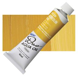 Holbein Duo Aqua Water Soluble Oil - Aureolin Hue, 40 ml tube and swatch