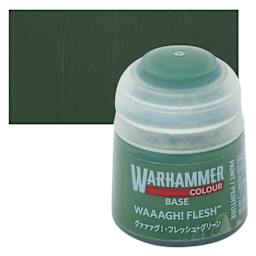 Warhammer Base Acrylic Paint - Waaagh! Flesh, 12 ml jar and swatch