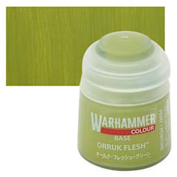 Warhammer Base Acrylic Paint - Orruk Flesh, 12 ml jar and swatch