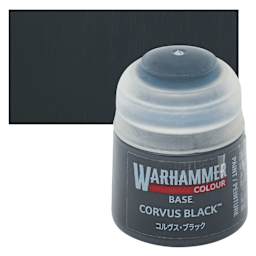 Warhammer Base Acrylic Paint - Corvus Black, 12 ml jar and swatch