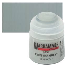 Warhammer Base Acrylic Paint - Celestra Grey, 12 ml jar and swatch