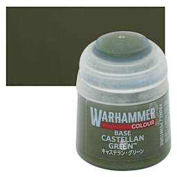 Warhammer Base Acrylic Paint - Castellan Green, 12 ml jar and swatch