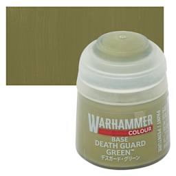 Warhammer Base Acrylic Paint - Death Guard Green, 12 ml jar and swatch