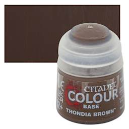 Warhammer Base Acrylic Paint - Thondia Brown, 12 ml jar and swatch