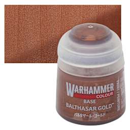Warhammer Base Acrylic Paint - Balthasar Gold, 12 ml jar and swatch