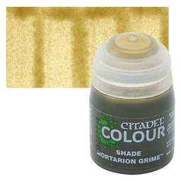 Citadel Shade Acrylic Paint - Mortarion Grime, 18 ml, bottle and swatch