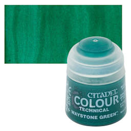 Citadel Technical Acrylic Paint - Waystone Green, 12 ml bottle and swatch