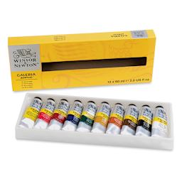 Winsor & Newton Galeria Flow Acrylics - Set of 10 Colors, 60 ml, Tubes (Tubes in front of packaging)